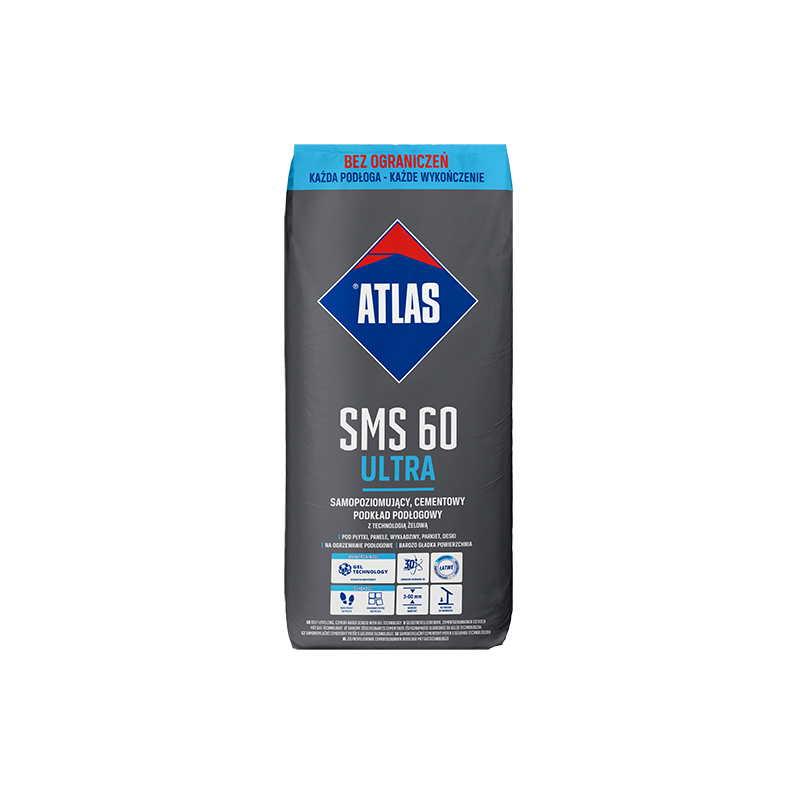 ATLAS SMS 60 ULTRA samopoziomujący cementowy podkład podłogowy z technologią żelową 25kg
